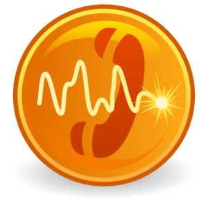 Ekiga logo, a stylized telephone receiver inside a circular orange button with sound waves and a bright light emanating from it.