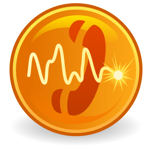 Ekiga logo, a stylized telephone receiver inside a circular orange button with sound waves and a bright light emanating from it.