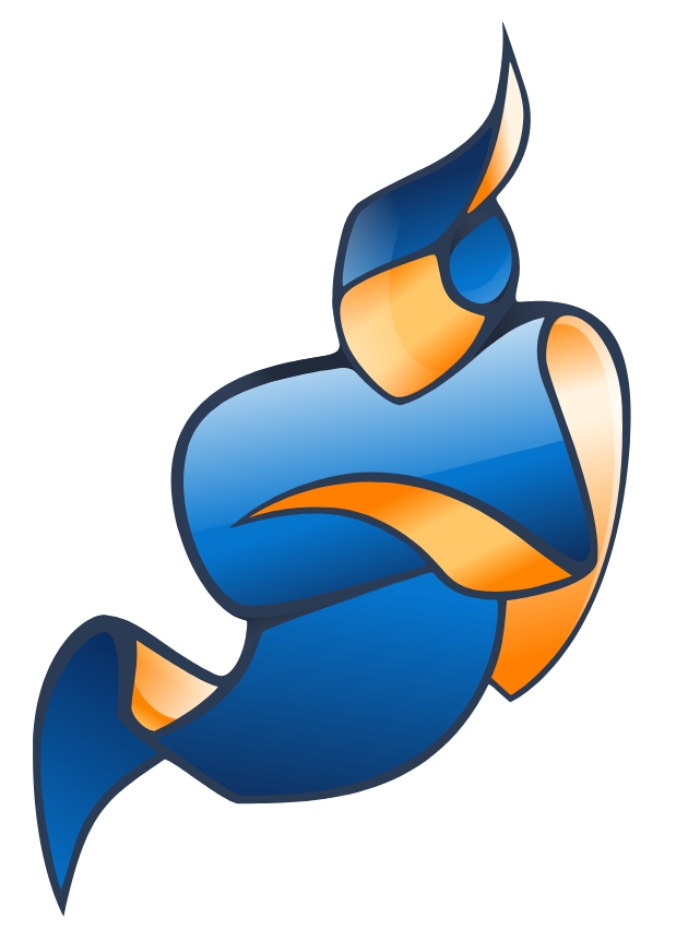 Jitsi Desktop logo, a stylized, blue and orange figure resembling a person in motion, symbolizing communication and connectivity.