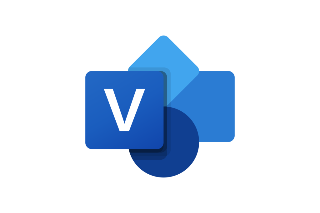 Microsoft Visio logo, a blue "V" surrounded by geometric shapes in different shades of blue.