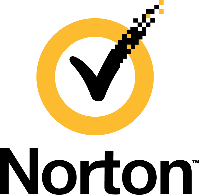 Norton Antivirus logo, a black checkmark inside a yellow circle with a section of the checkmark digitally pixelated.