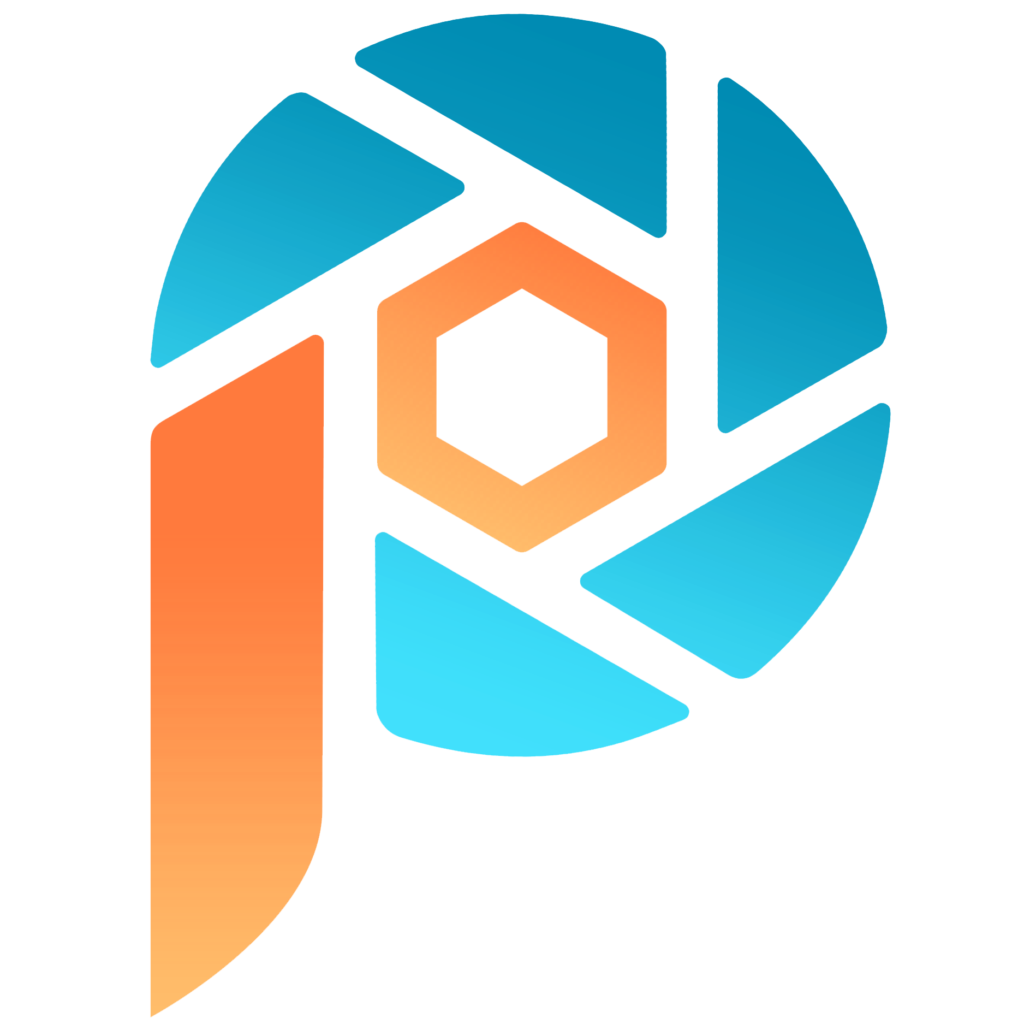 PaintShop Pro logo, a stylized "P" with a camera lens aperture surrounding it, in blue and orange gradient colors.