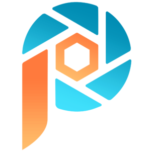 PaintShop Pro logo, a stylized "P" with a camera lens aperture surrounding it, in blue and orange gradient colors.