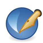 Scribus logo, a golden fountain pen nib inside a blue circle, symbolizing writing and publishing.