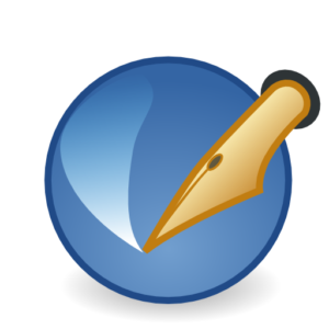 Scribus logo, a golden fountain pen nib inside a blue circle, symbolizing writing and publishing.