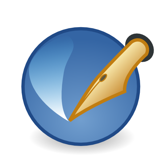 Scribus logo, a golden fountain pen nib inside a blue circle, symbolizing writing and publishing.